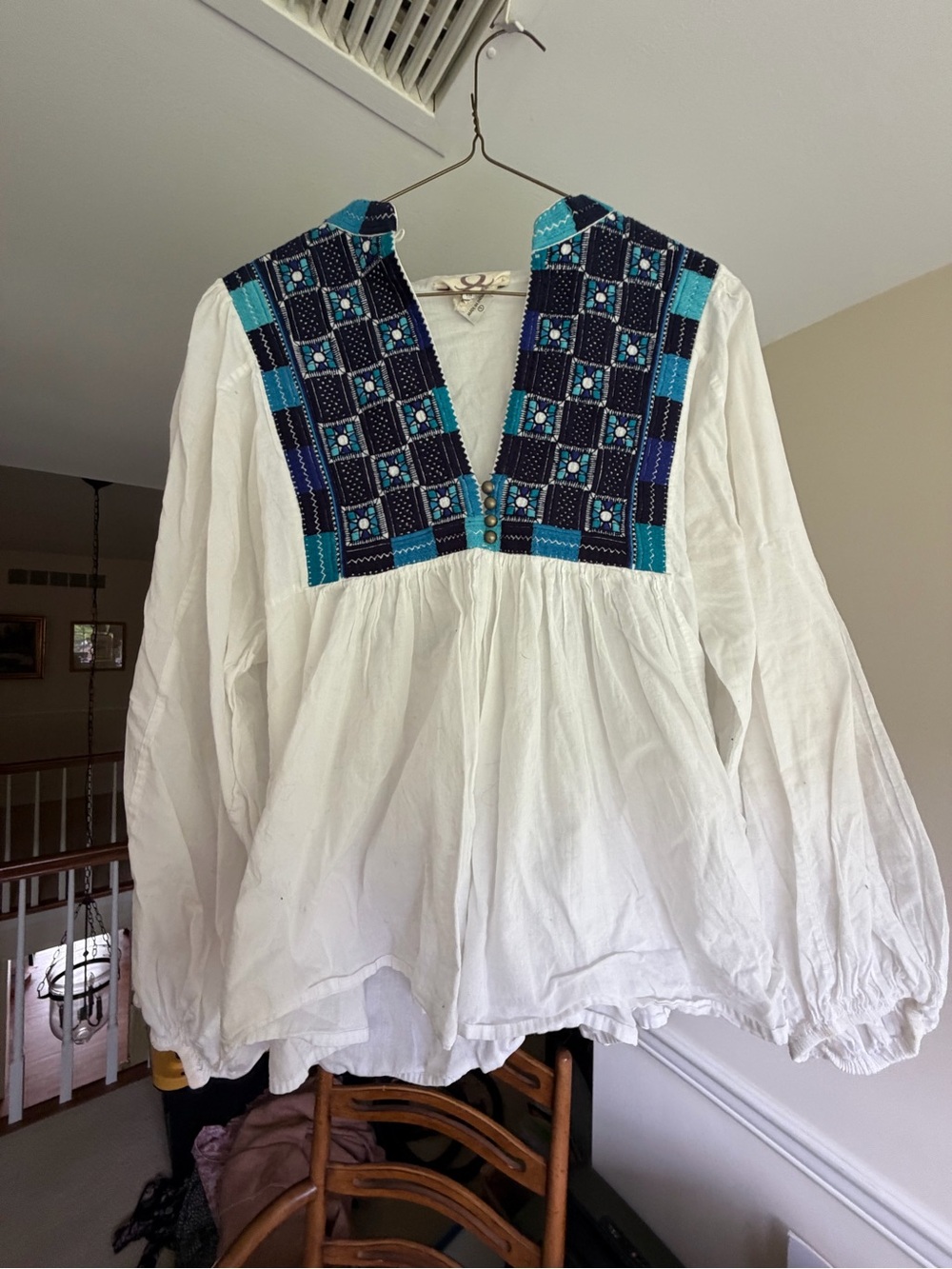 White Peasant Blouse with Blue Embroidered Yoke